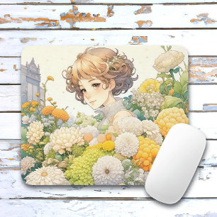 Anime-Mädchen in gelben Blumen  Mousepad