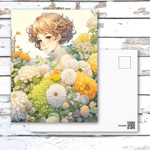 Anime-Mädchen in gelben Blumen personalisierter Ge Postkarte
