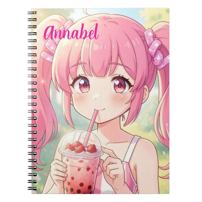 Anime-Mädchen in Rosa trinkt Bubble Tea Personalis Notizblock (Vorderseite)