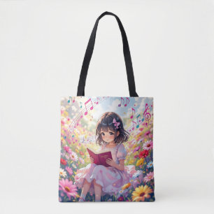 Anime-Mädchen liest inmitten von Blumen und Noten