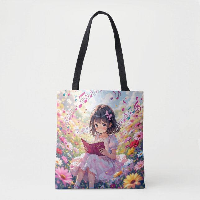 Anime-Mädchen liest inmitten von Blumen und Noten (Vorderseite)