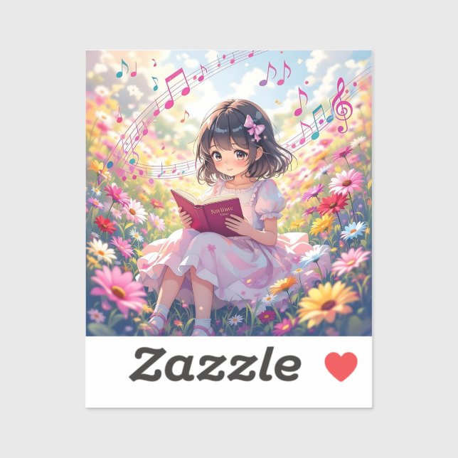 Anime-Mädchen mit Buch und Noten Aufkleber (Blatt)