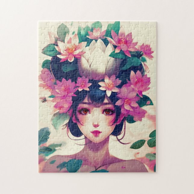 Anime-Mädchen mit Lotusblüten gekrönt Puzzle (Vertikal)