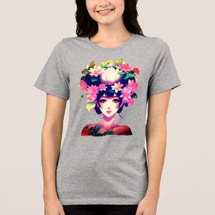 Anime-Mädchen mit Lotusblüten gekrönt Tri-Blend Shirt