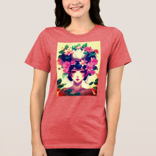 Anime-Mädchen mit Lotusblüten gekrönt Tri-Blend Shirt