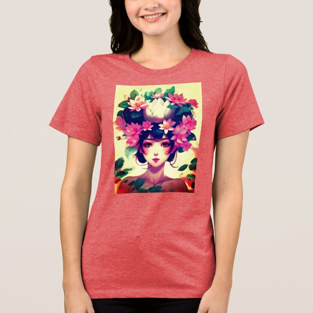 Anime-Mädchen mit Lotusblüten gekrönt Tri-Blend Shirt (Vorderseite)