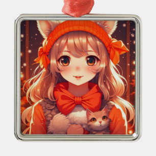 Anime-Mädchen mit orangefarbenem Kätzchen Weihnach Ornament Aus Metall