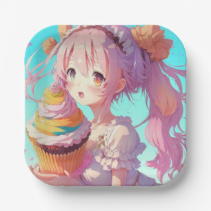 Anime-Mädchen mit verspieltem Cupcake-Geburtstag Pappteller