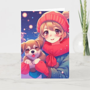 Anime Mädchen mit Welpen personalisiertes Weihnach Feiertagskarte