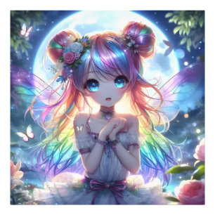 Anime-Mädchen Regenbogenhaar singt Mond Fee Fotodruck