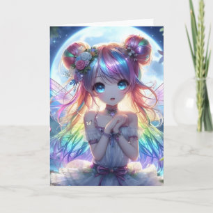 Anime-Mädchen Regenbogenhaar singt Mond Fee Karte