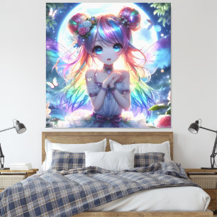Anime-Mädchen Regenbogenhaar singt Mond Fee Leinwanddruck