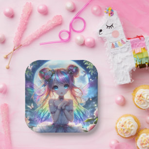 Anime-Mädchen Regenbogenhaar singt Mond Fee Pappteller