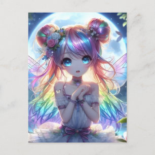 Anime-Mädchen Regenbogenhaar singt Mond Fee Postkarte
