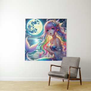 Anime-Mädchen singt Mondlicht Pixie Regenbogen Mee Wandteppich