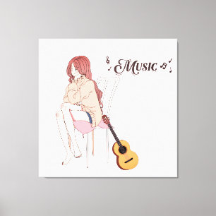 Anime-Mädchen sitzt mit Gitarre und Noten–Ästhetik Leinwanddruck