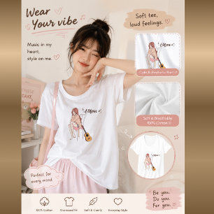 Anime-Mädchen sitzt mit Katze und Musiknoten – Äst T-Shirt