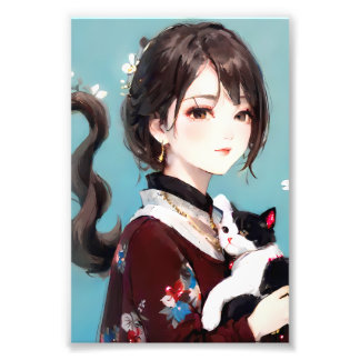 Anime-Mädchen umarmt eine schwarz-weiße Katze Fotodruck