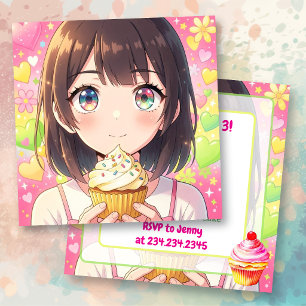 Anime-Mädchen und Cupcake Geburtstag Einladung