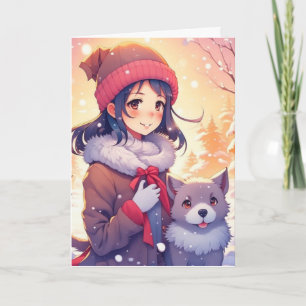 Anime-Mädchen und Hund mit Weihnachtshintergrund Karte
