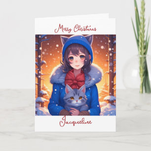 Anime-Mädchen und Kätzchen Malvorlage Weihnachten Karte