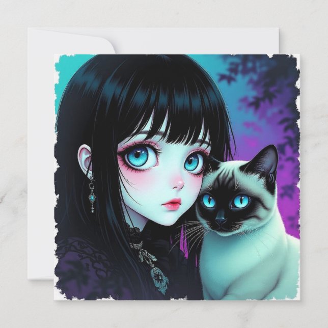 Anime-Mädchen und siamesische Katze Blank (Vorderseite)