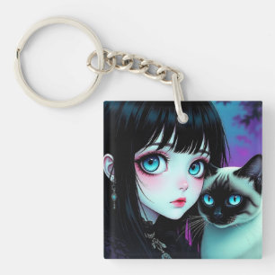 Anime-Mädchen und siamesische Katze Personalisiert Schlüsselanhänger