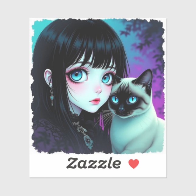 Anime-Mädchen und Siamkatze Aufkleber (Blatt)