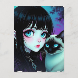 Anime-Mädchen und Siamkatze Hallo sagen Postkarte