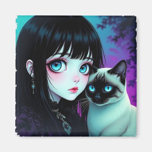 Anime-Mädchen und Siamkatze  Magnet (Vorne)
