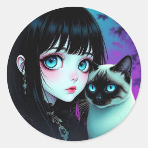  Anime-Mädchen und Siamkatze  Runder Aufkleber