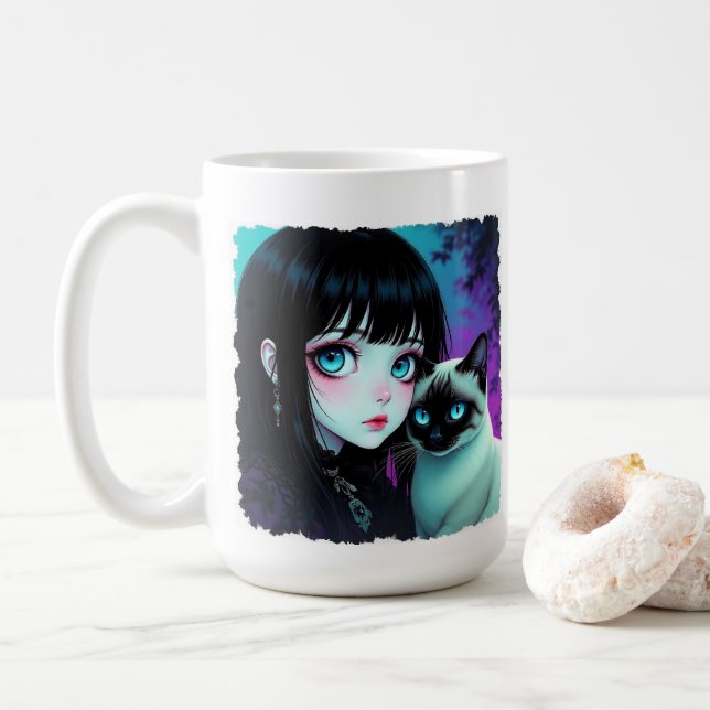 Anime-Mädchen und Siamkatzen-Zitat Kaffeetasse (Mit Donut)