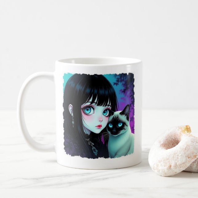 Anime-Mädchen und Siamkatzen-Zitat Kaffeetasse (Mit Donut)