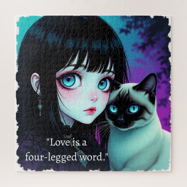Anime-Mädchen und Siamkatzen-Zitat Puzzle (Vertikal)