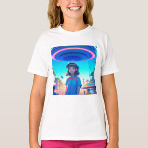 Anime-Mädchen unter einem UFO in der Stadt T-Shirt