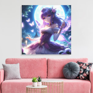 Anime-Mädchen Veilchen Schmetterlingsflügel Mond F Leinwanddruck