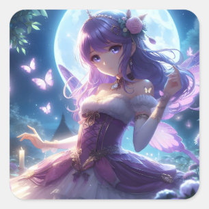 Anime-Mädchen Veilchen Schmetterlingsflügel Mond F Quadratischer Aufkleber
