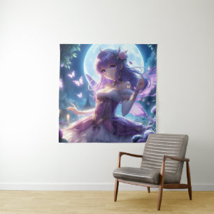 Anime-Mädchen Veilchen Schmetterlingsflügel Mond F Wandteppich