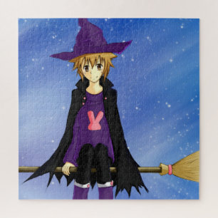 Anime-Manga-Junge mit violetter Mütze und Umhang Puzzle