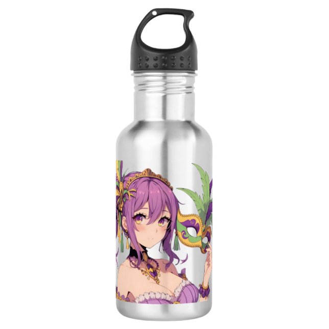 Anime Mardi Gras Maske Edelstahlflasche (Vorderseite)