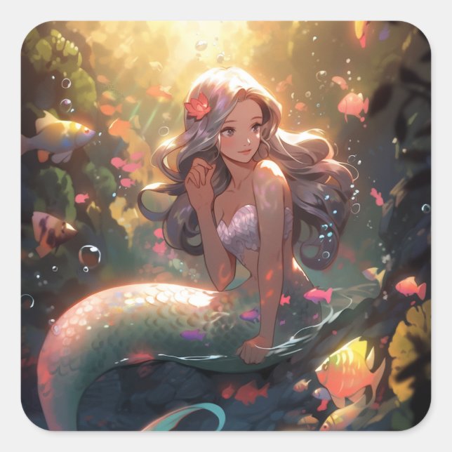 Anime Mermaid Girl Fantasy Art Quadratischer Aufkleber (Vorderseite)