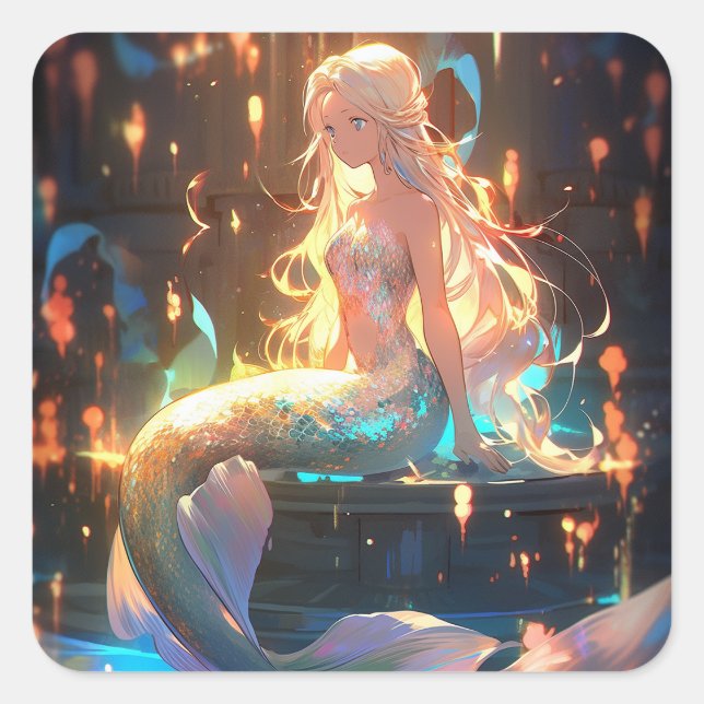Anime Mermaid Girl Fantasy Art Quadratischer Aufkleber (Vorderseite)
