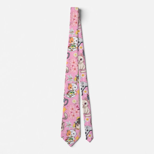 Anime Overload Niedliches Muster L Pink BG Krawatte (Vorderseite)
