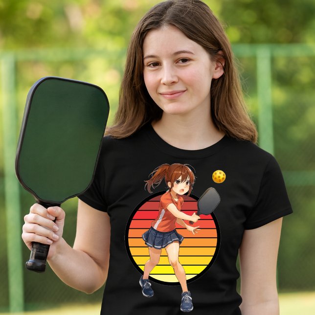 Anime Pickleball Girl On Retro Sunset Template T-Shirt (Von Creator hochgeladen)