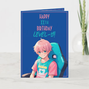 Anime Pink und Blue Gamer Age Birthday Karte
