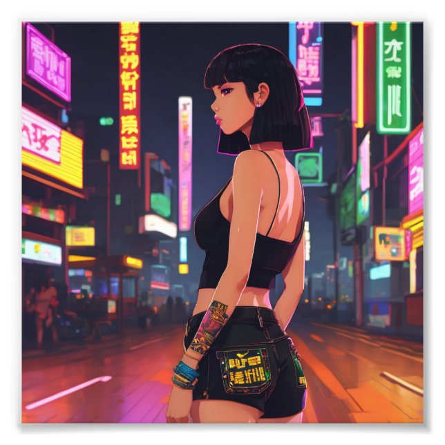 Anime Punk Girl Cruise City Neon Lights Fotodruck (Vorne)