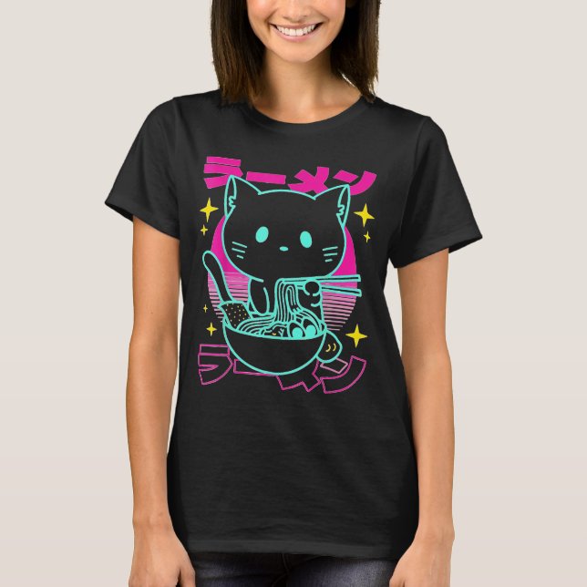 Anime Ramen Cat Retro Japanische Nudeln Ästhetik T-Shirt (Vorderseite)