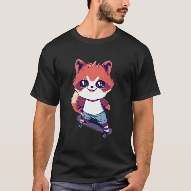 Anime Red Panda Skateboarding Skater T-Shirt (Vorderseite)