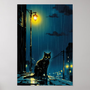 Anime-Regennacht-Katzen-Wandkunst Poster