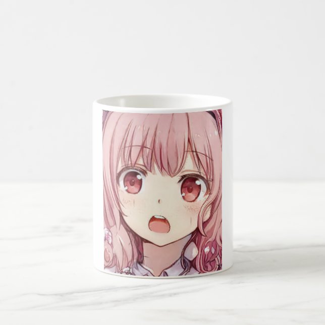 Anime rosa-haarige Pflaumenaugen erschreckten Tass Kaffeetasse (Mittel)